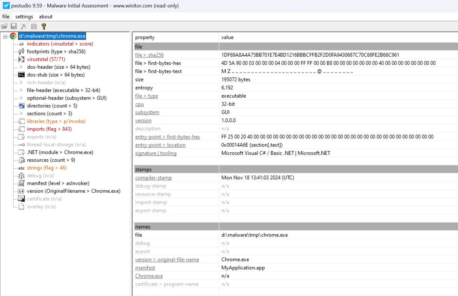 Chrome.exe Loaded Into PEStudio